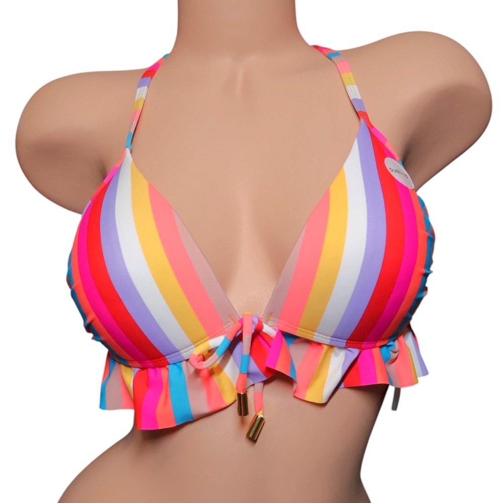 NWT Large Rainbow Stripe Push Up Bikini Top Ruffle Hem Pride Festival Beach Top